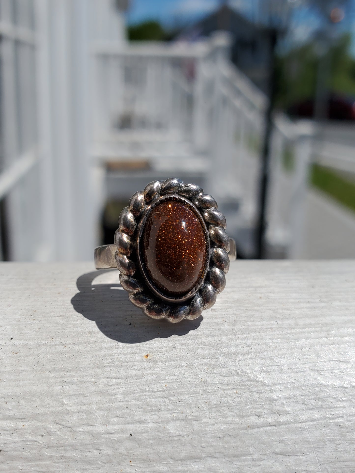 925 Sterling Silver Sparkling Brown Oval Sandstone Ring