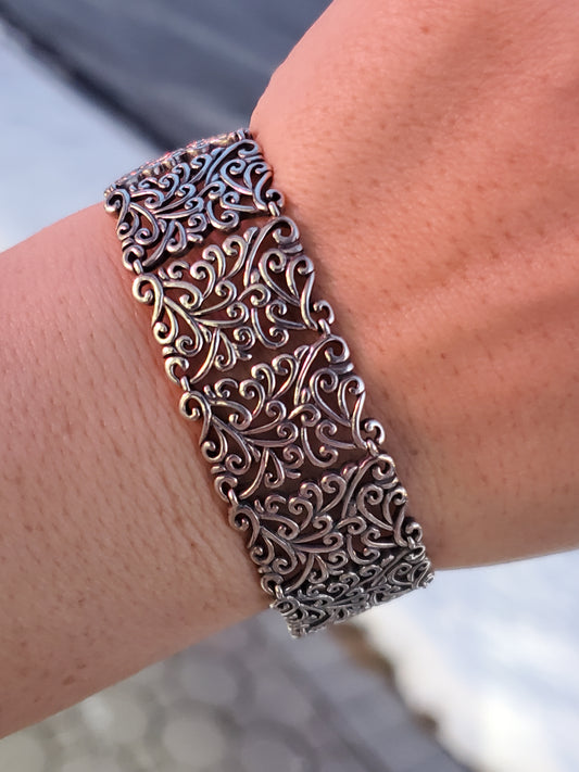 925 Sterling Silver Fancy Filagre Wide Tile Bracelet