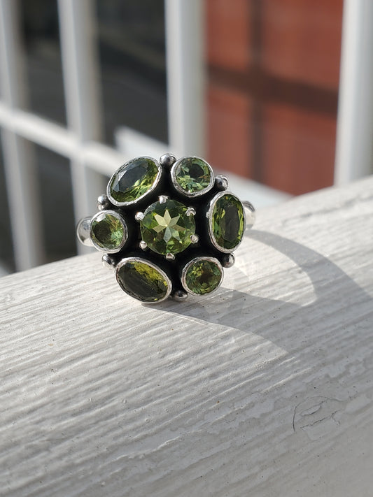 925 Sterling Silver Natural Peridot Cluster Ring