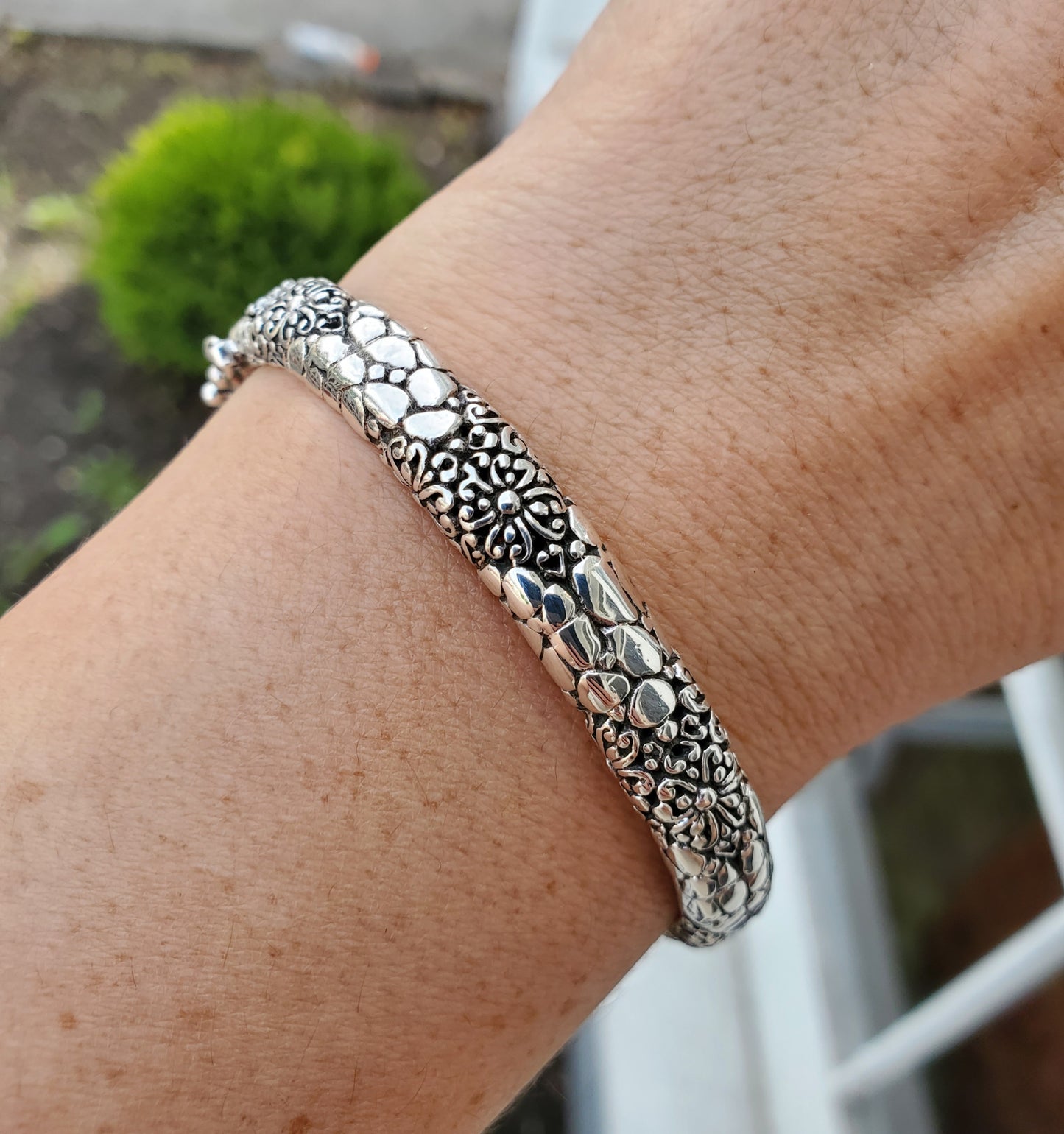 925 Sterling Silver Designer Sarda Filagre Lava Cobblestone Bangle Bracelet 7"