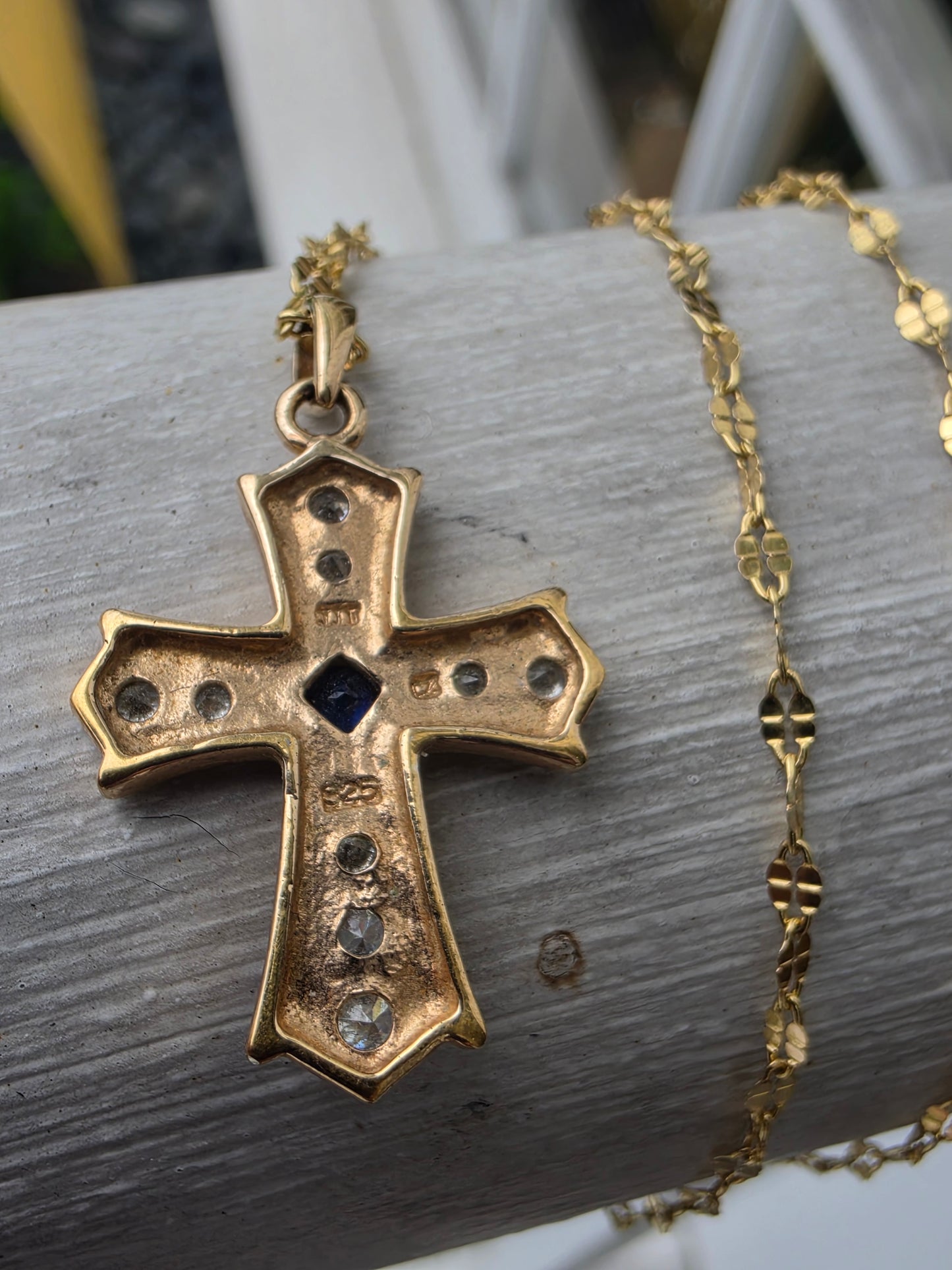925 Sterling Silver Vermeil Two-Tone Princess Cut Lab Sapphire & Zirconia CZ Cross Necklace