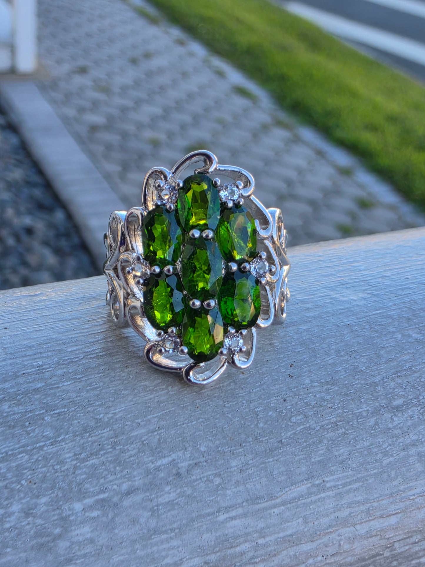 925 Sterling Silver Chrome Diopside  Cluster Ring
