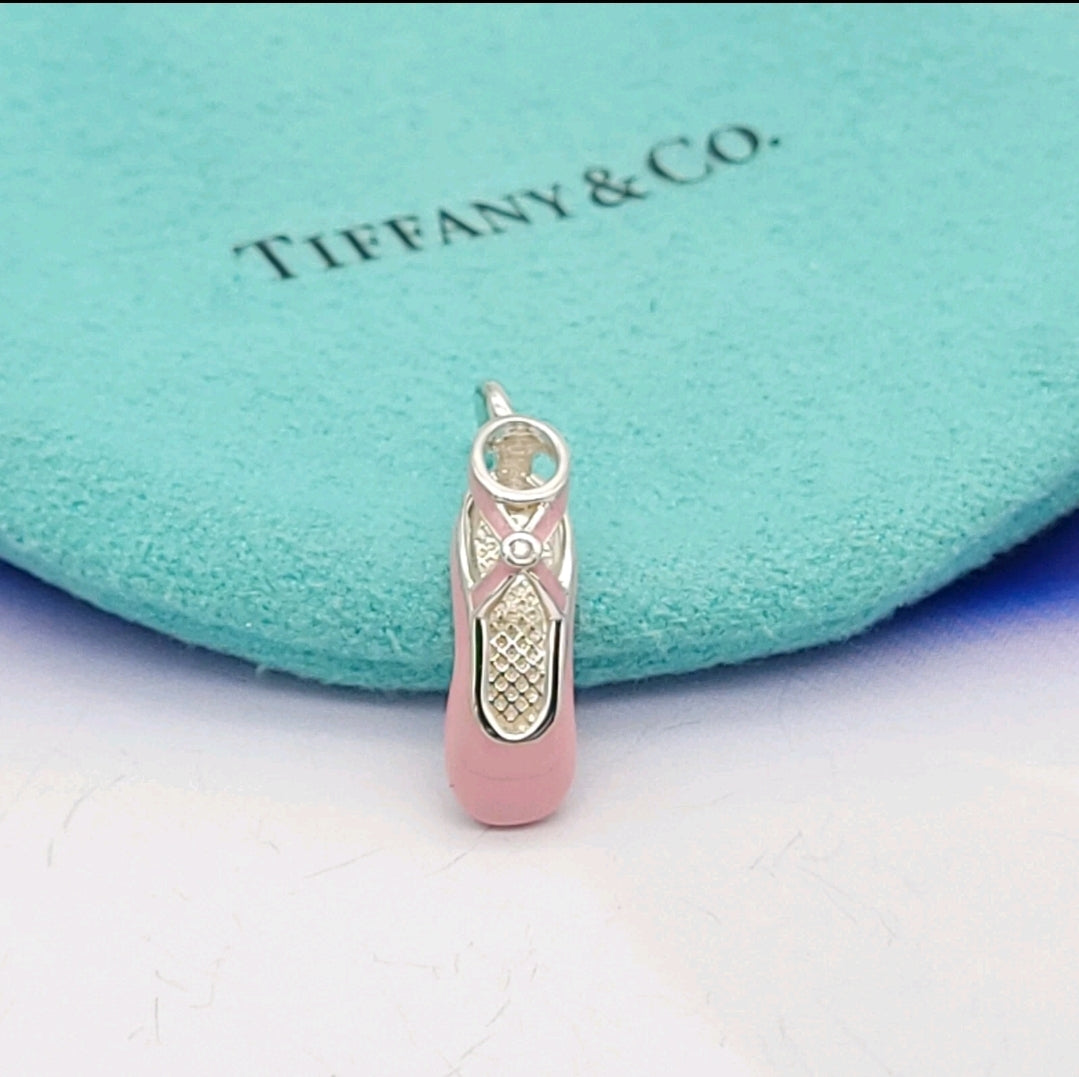 Retired Tiffany & Co. Sterling Silver Pink Enamel Diamond Ballet Ballerina Shoe Slipper Charm Pendant