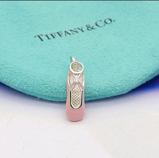 Retired Tiffany & Co. Sterling Silver Pink Enamel Diamond Ballet Ballerina Shoe Slipper Charm Pendant