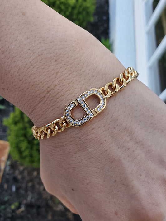 Gold Plated CD Christian Dior Lookalike CZ Cuban Link Chunky Bracelet