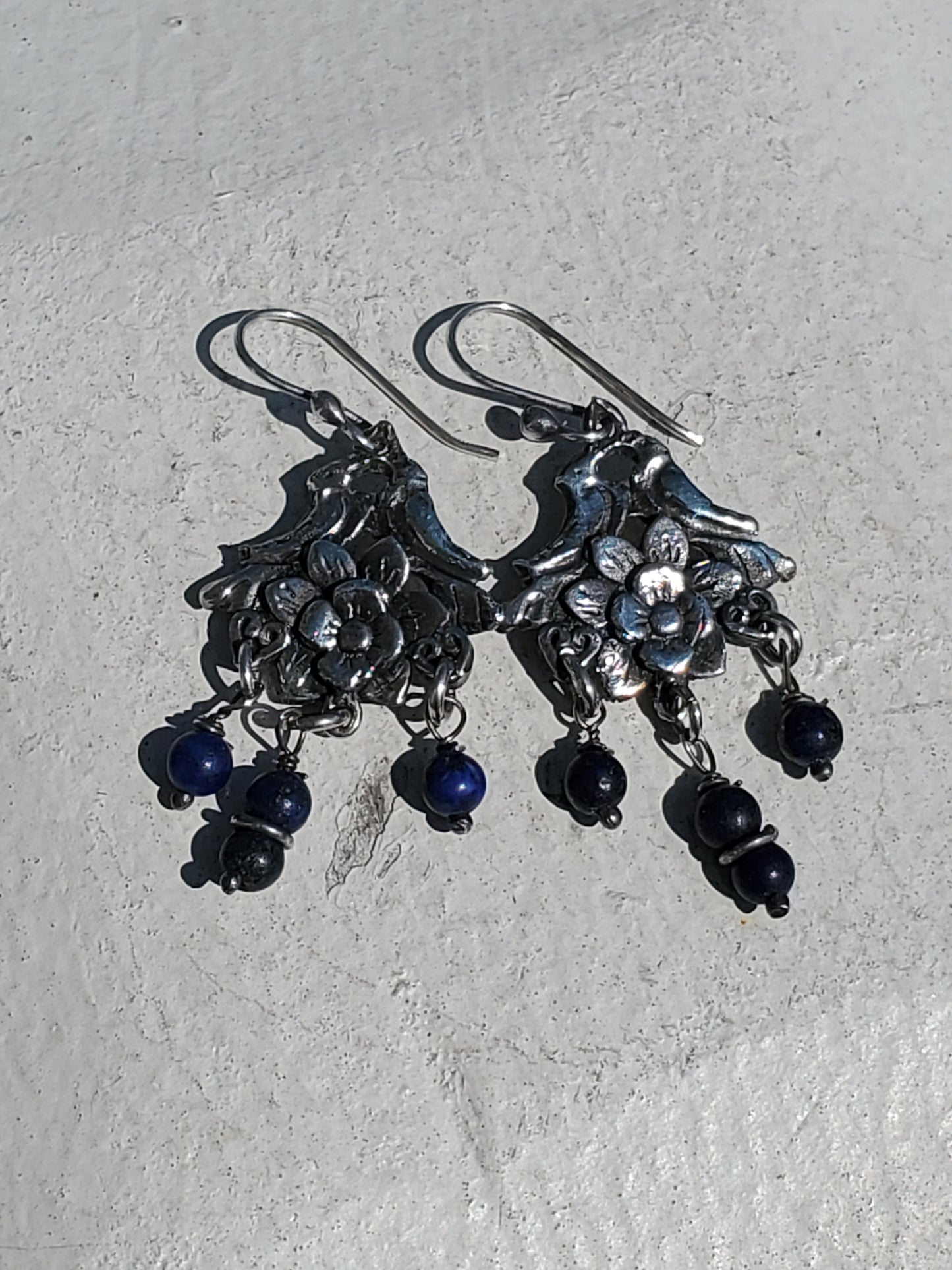 925 Sterling Silver Love Birds Floral Beaded Blue Lapis Dangle Earrings