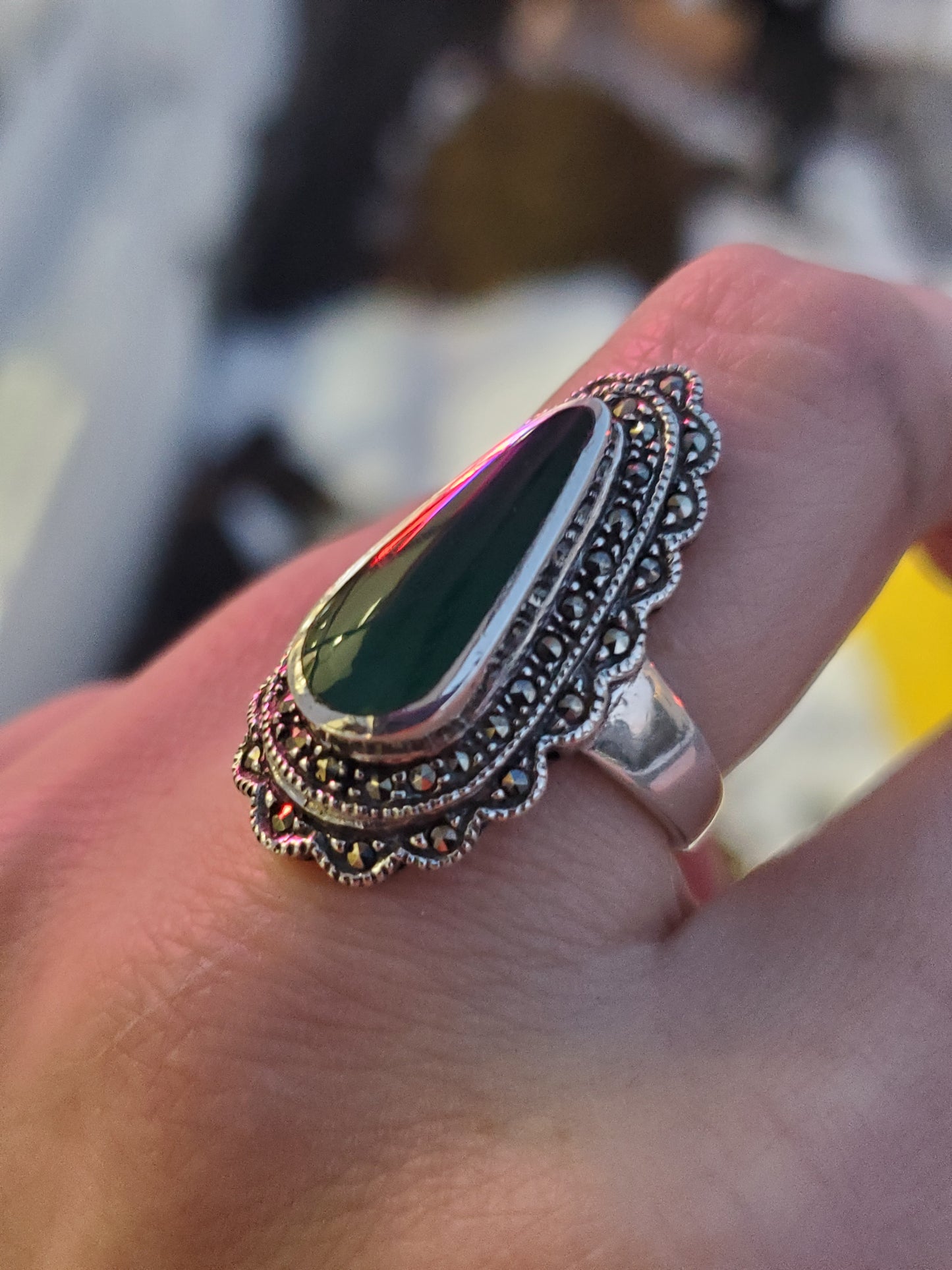 925 Sterling Silver Custom Cut Green Onyx & Marcasite Ring Size 8