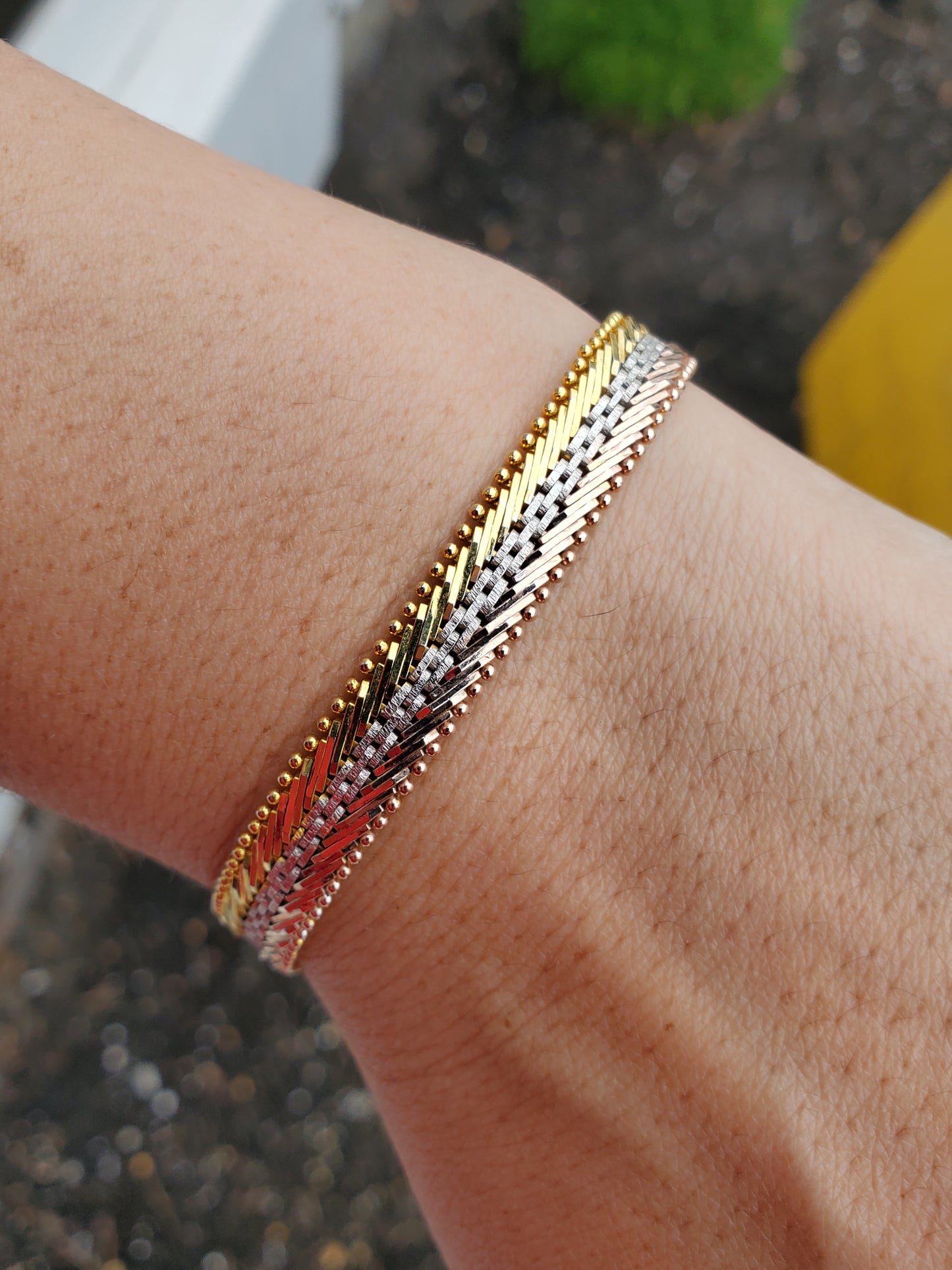 925 Sterling Silver Tri-color Riccio Chevron Link Bracelet