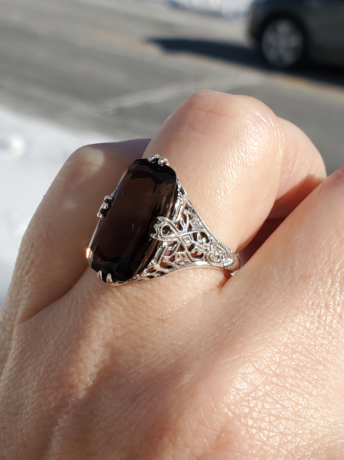 925 Sterling Silver 6 ct Emerald Cushion Cut Smokey Quartz Vintage Art Deco Ring