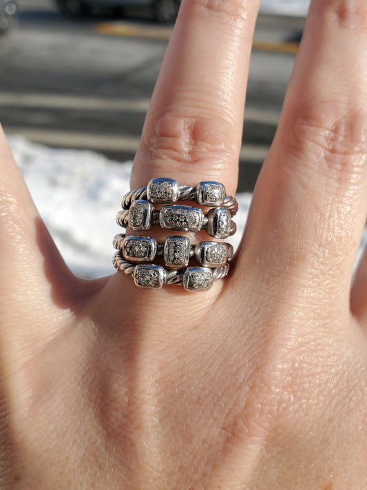 925 Sterling Silver Designer David Yurman 4-Row Confetti Twisted Cable Diamond Ring