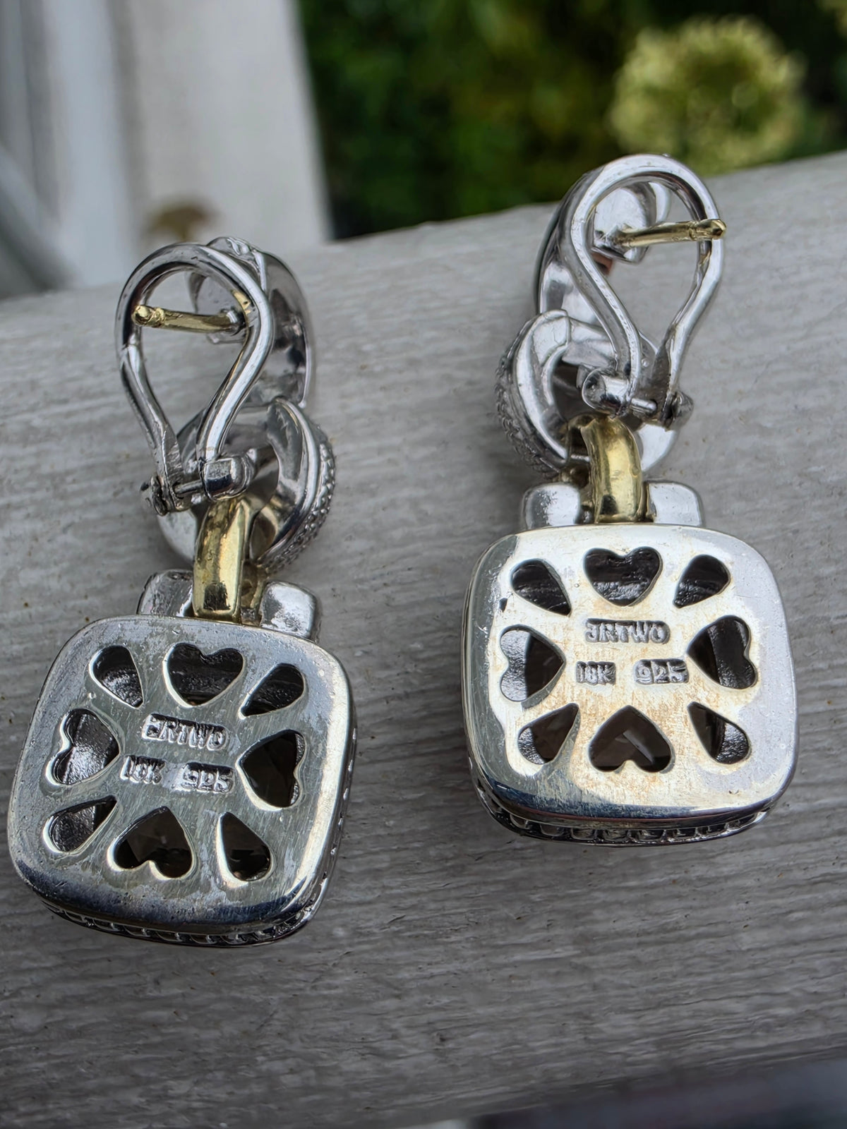 925 Sterling Silver & Solid 18k Gold Smokey Topaz & Diamond Dangling Earrings