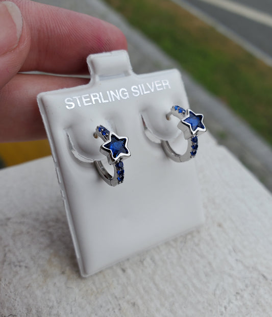 925 Sterling Silver Simulated Blue Sapphire Star Huggie Hoop Earrings