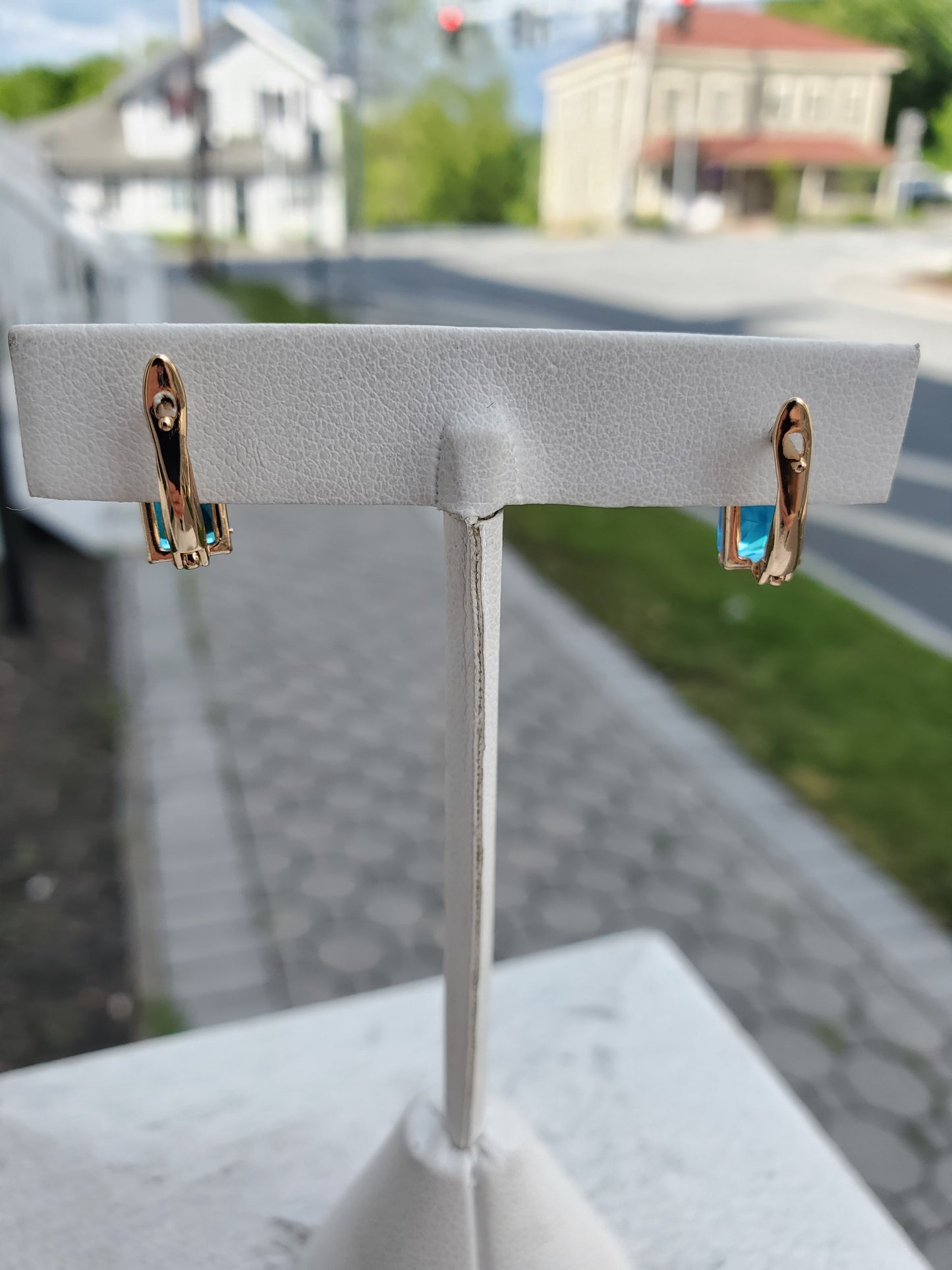 Stainless Steel Gold Plated Simulated Blue Topaz Leaversnap Earrings