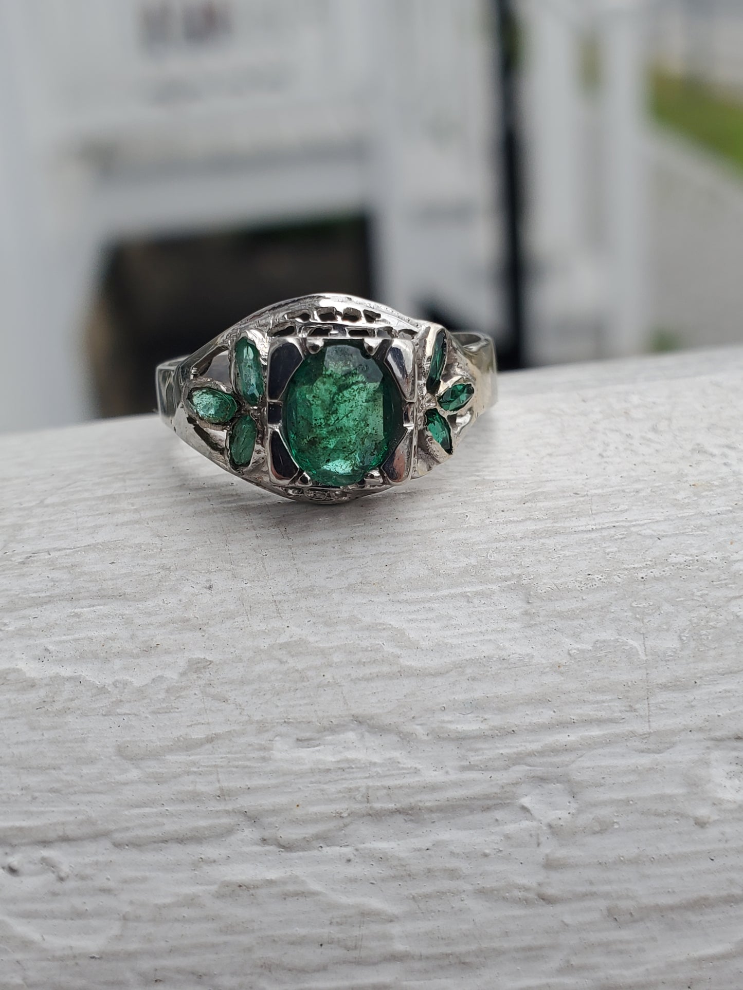 14k White Gold Antique Natural Oval & Marquise Emerald Ring