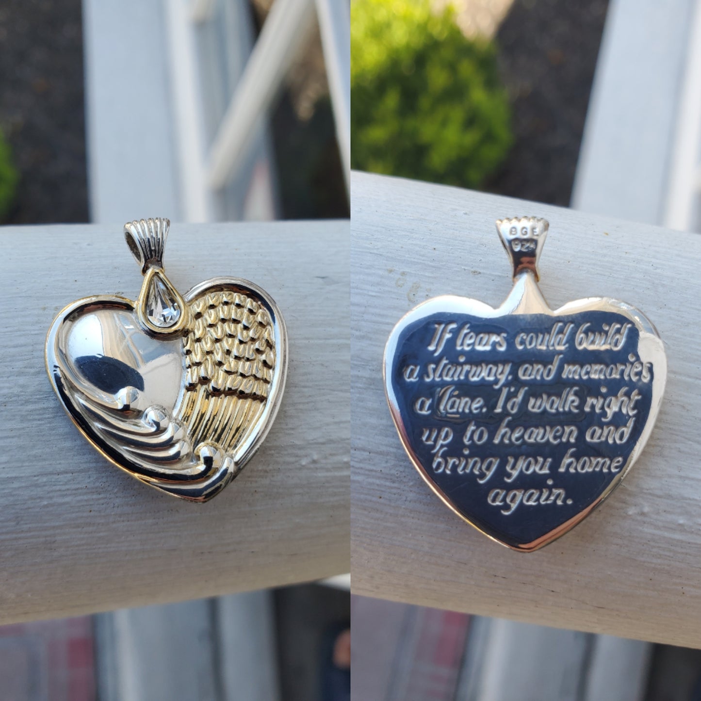 925 Sterling Silver & Vermeil Designer Bradford Exchange Angelic Angel Wing Crystal Heart Pendant