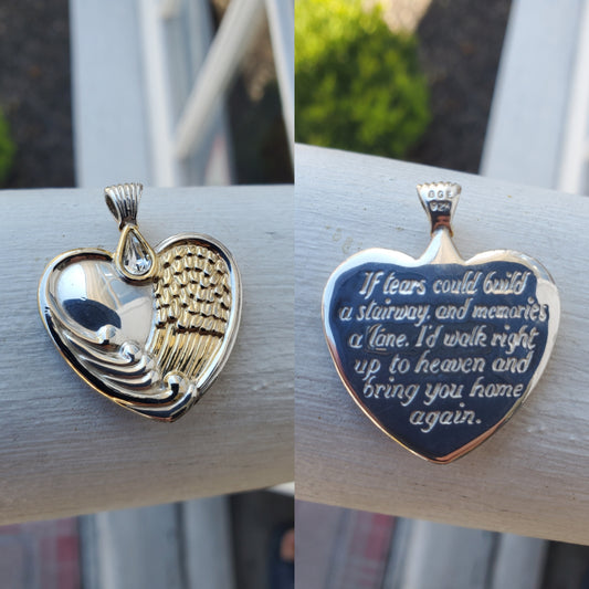 925 Sterling Silver & Vermeil Designer Bradford Exchange Angelic Angel Wing Crystal Heart Pendant