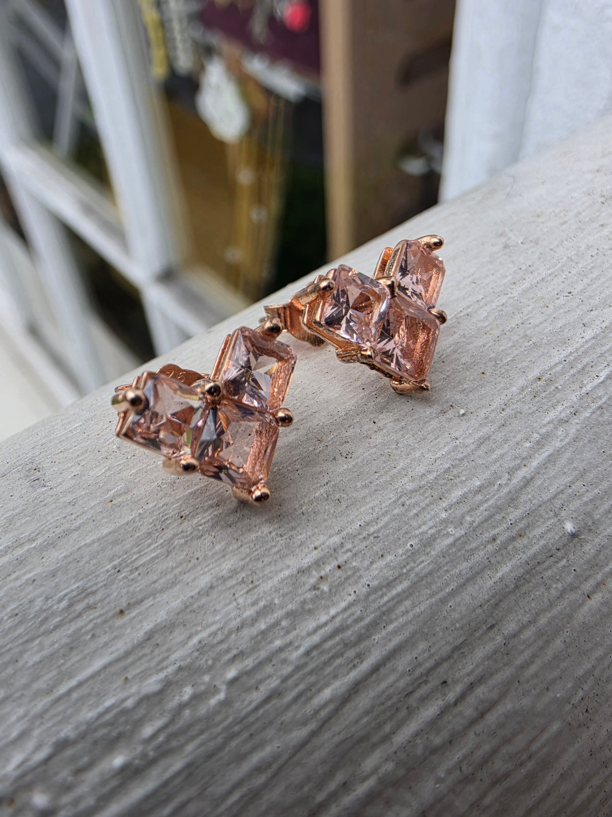 925 Stering Silver Rose Vermeil Tripolo Princess Cut Morganite Zirconia Stud Earrings