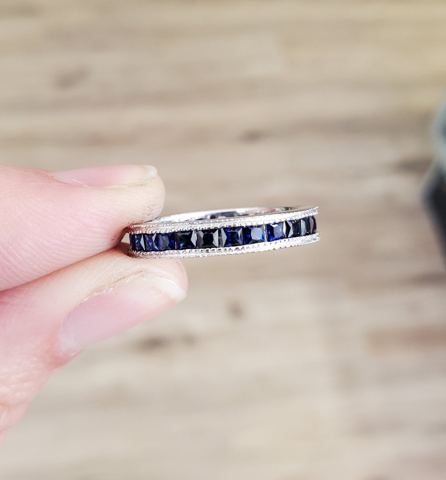 925 Sterling Silver Princess Cut Channel Set Lab Sapphire Eternity Band Ring