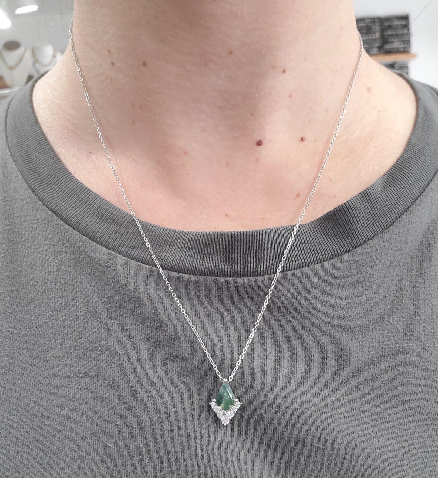 925 Sterling Silver Rhombus Cut Mossy Agate & Zirconia Necklace