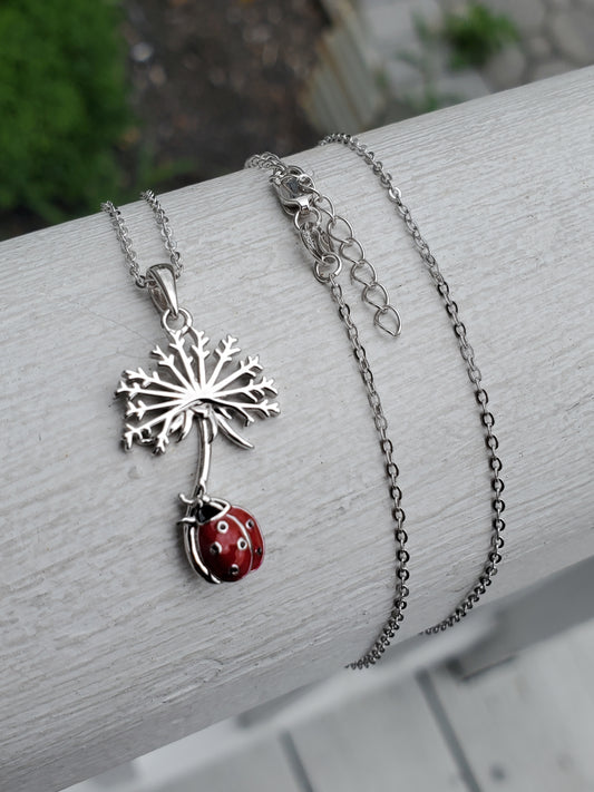 925 Sterling Silver Dandelion Enameled Ladybug "Make a wish" Necklace