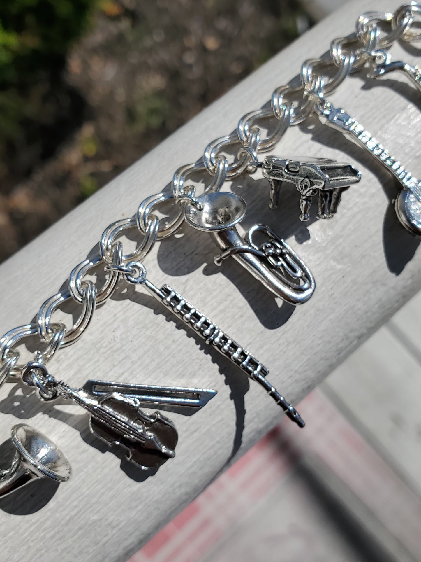 925 Sterling Silver Vintage 3D Musical Instrument Charm Bracelet