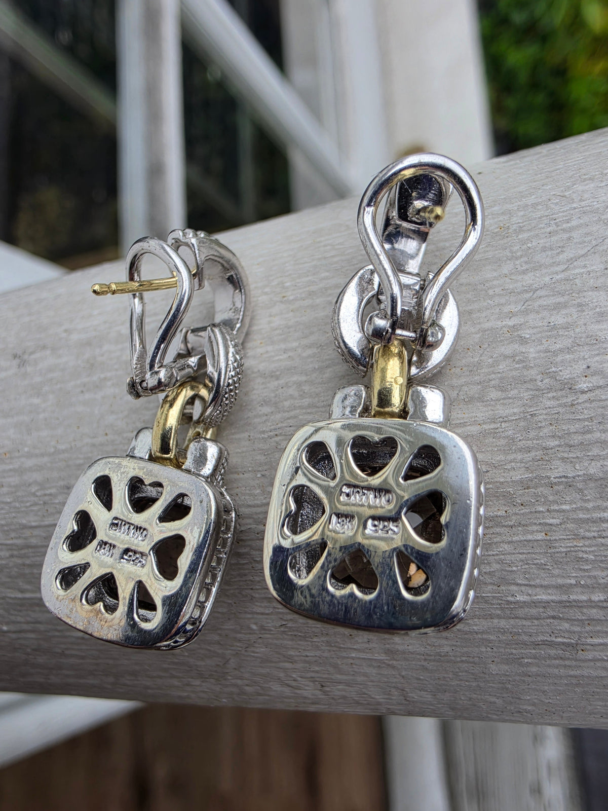 925 Sterling Silver & Solid 18k Gold Smokey Topaz & Diamond Dangling Earrings