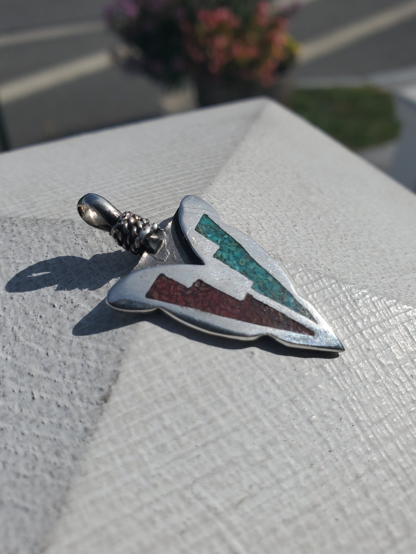 925 Sterling Silver crushed Turquoise & Coral Inlay Arrowhead Pendant Charm