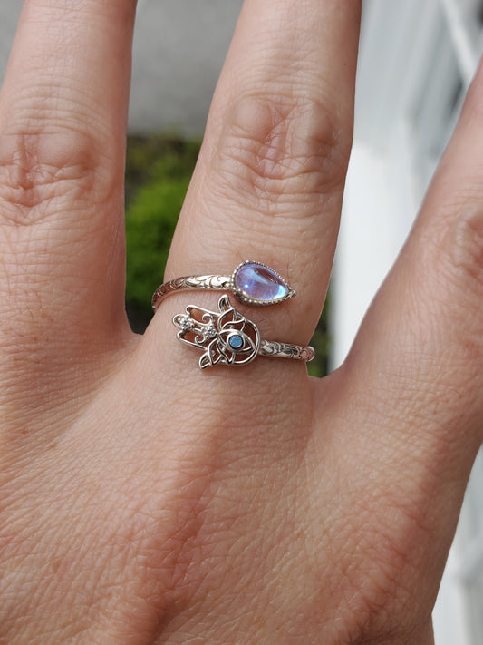 925 Sterling Silver Ladies Hamsa Opalite Bypass Filagre Ring