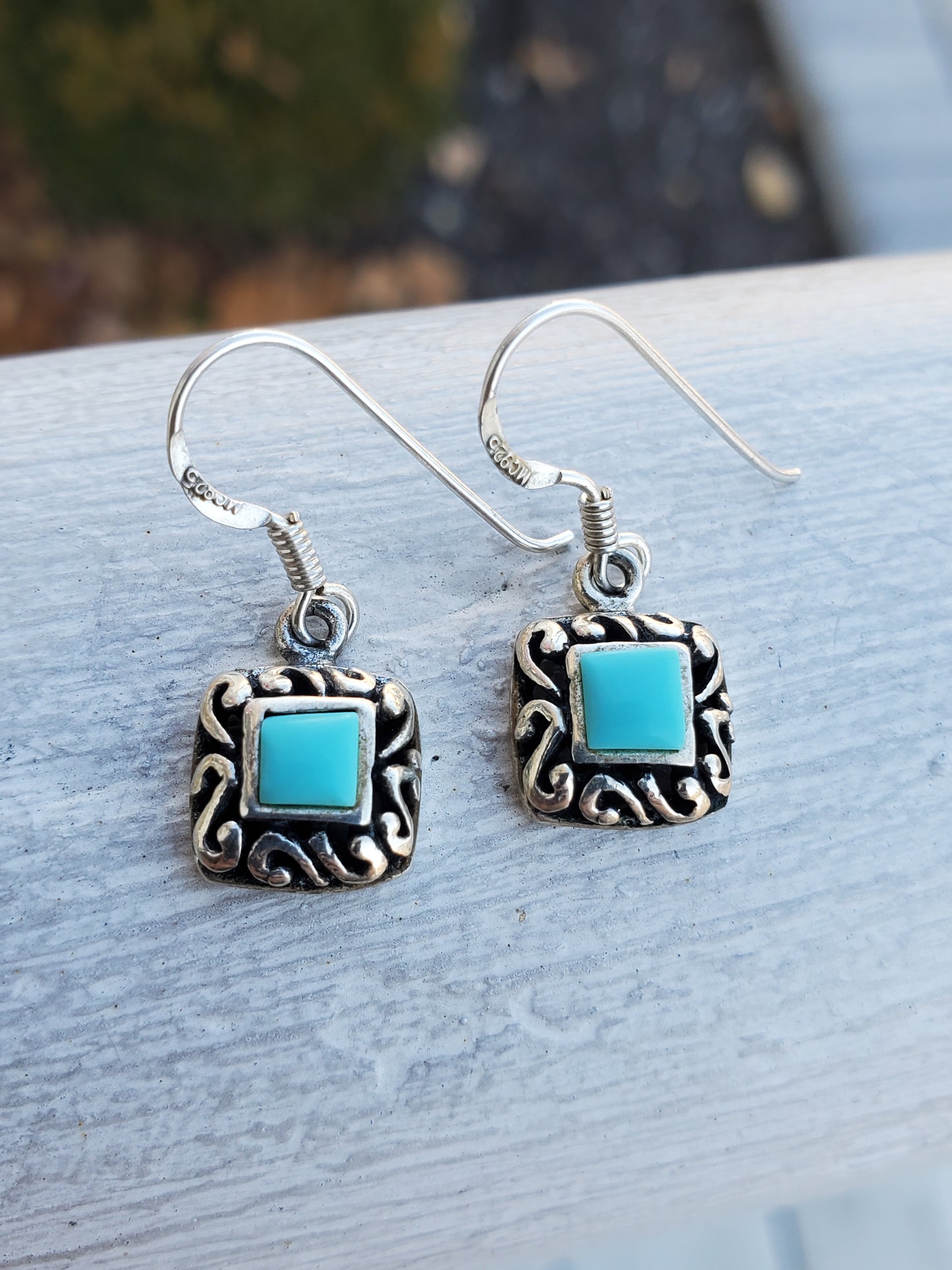 925 Sterling Silver Petite Turquoise Tile Filagre Dangling Earrings