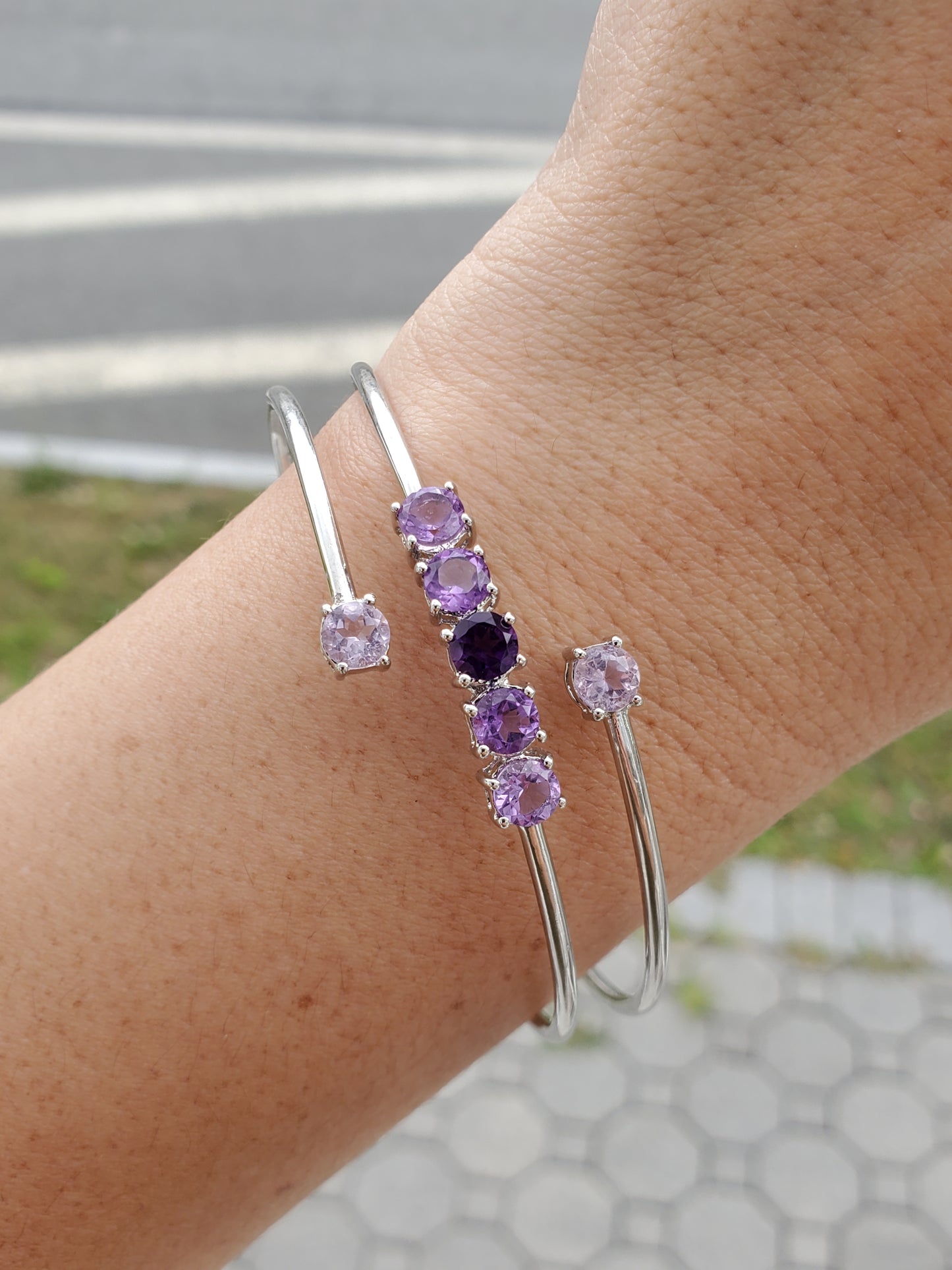 925 Sterling Silver Amethyst Triple Wrap Wire Bangle Bracelet