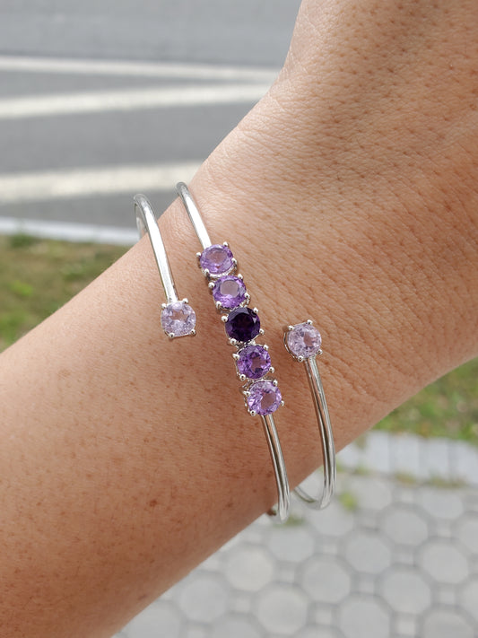 925 Sterling Silver Amethyst Triple Wrap Wire Bangle Bracelet