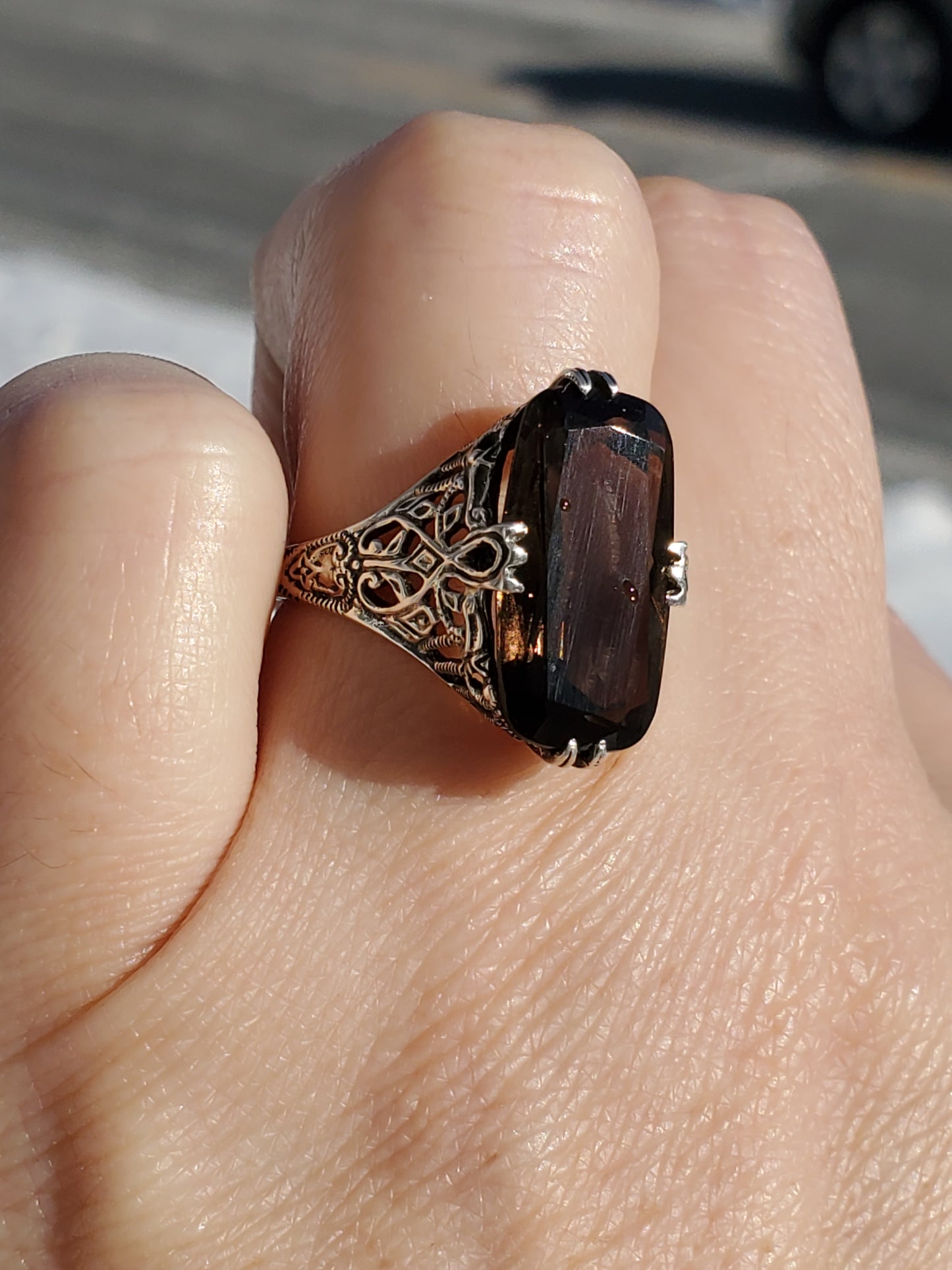 925 Sterling Silver 6 ct Emerald Cushion Cut Smokey Quartz Vintage Art Deco Ring