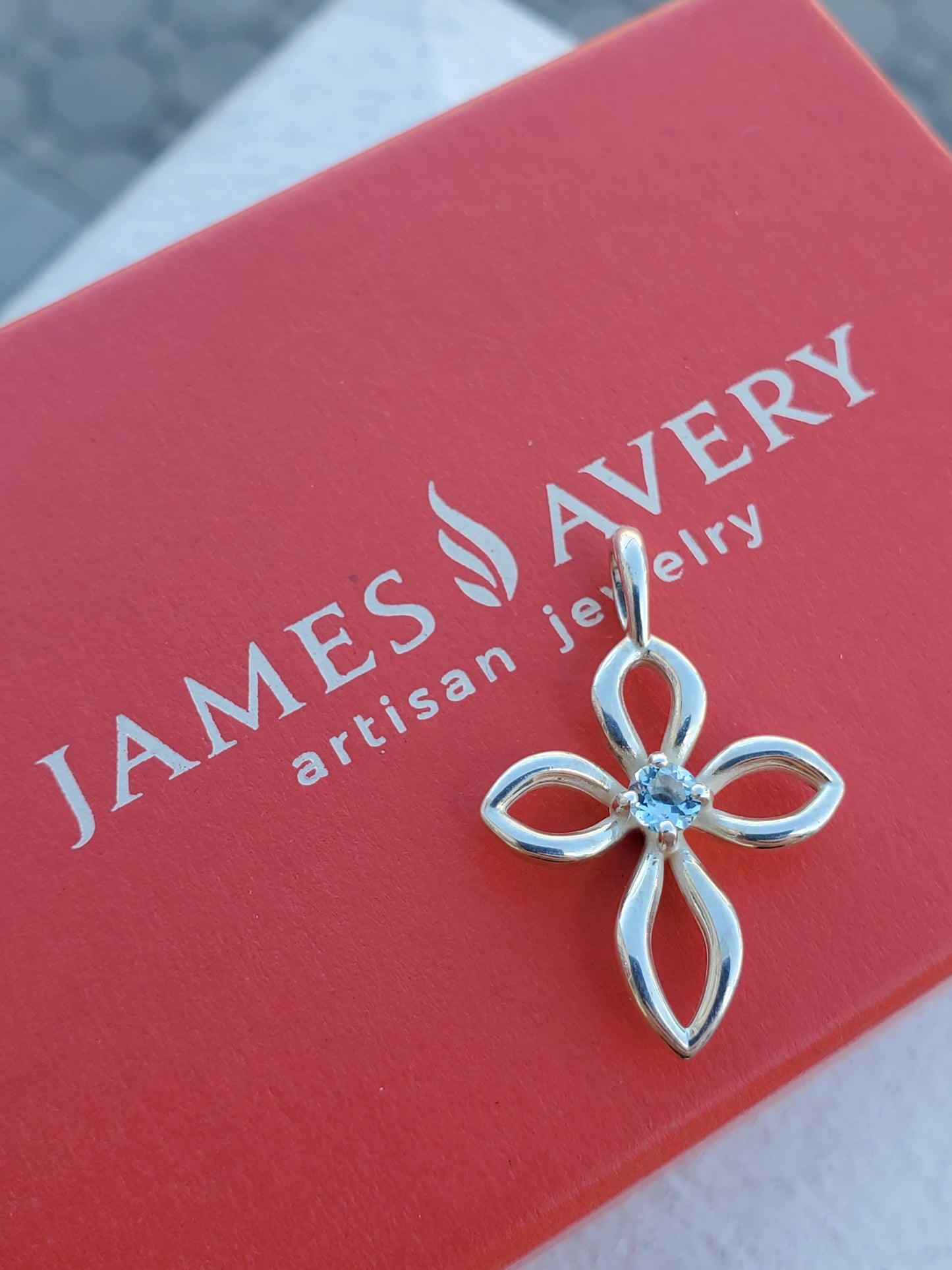 925 Sterling Silver Designer James Avery Aquamarine Cross Pendant Charm Necklace