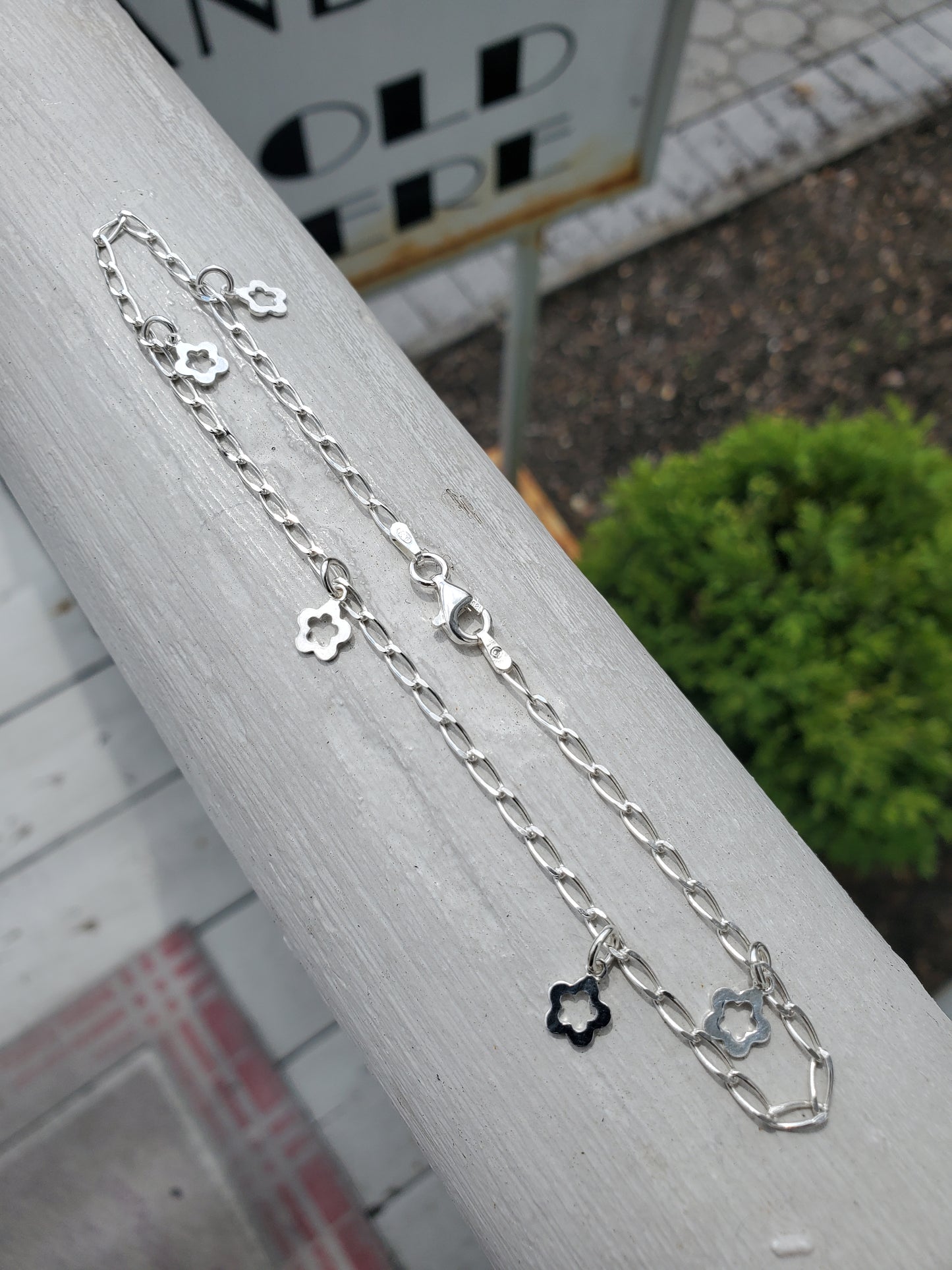 925 Sterling Silver Flower Charm Dangle Anklet / Ankle Bracelet 10”