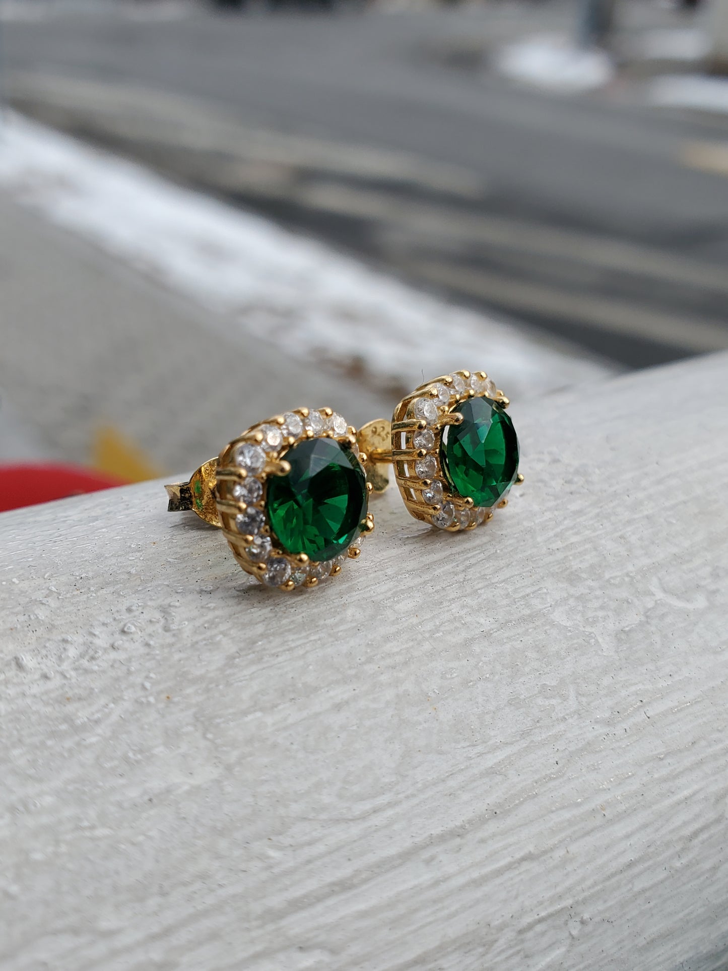 925 Sterling Silver Vermeil Simulated Green Emerald Zirconia CZ Stud Earrings