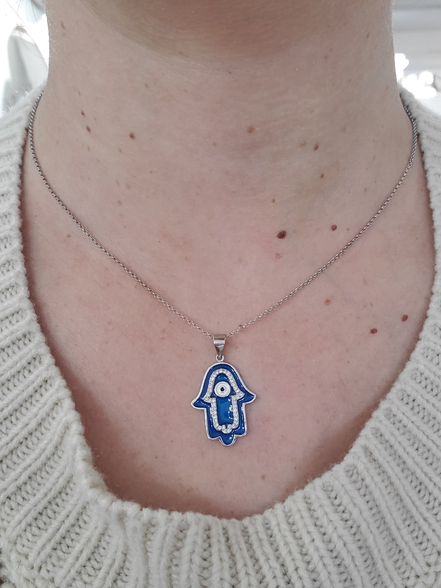 925 Sterling Silver Blue Enamel Hamsa Pendant / Necklace