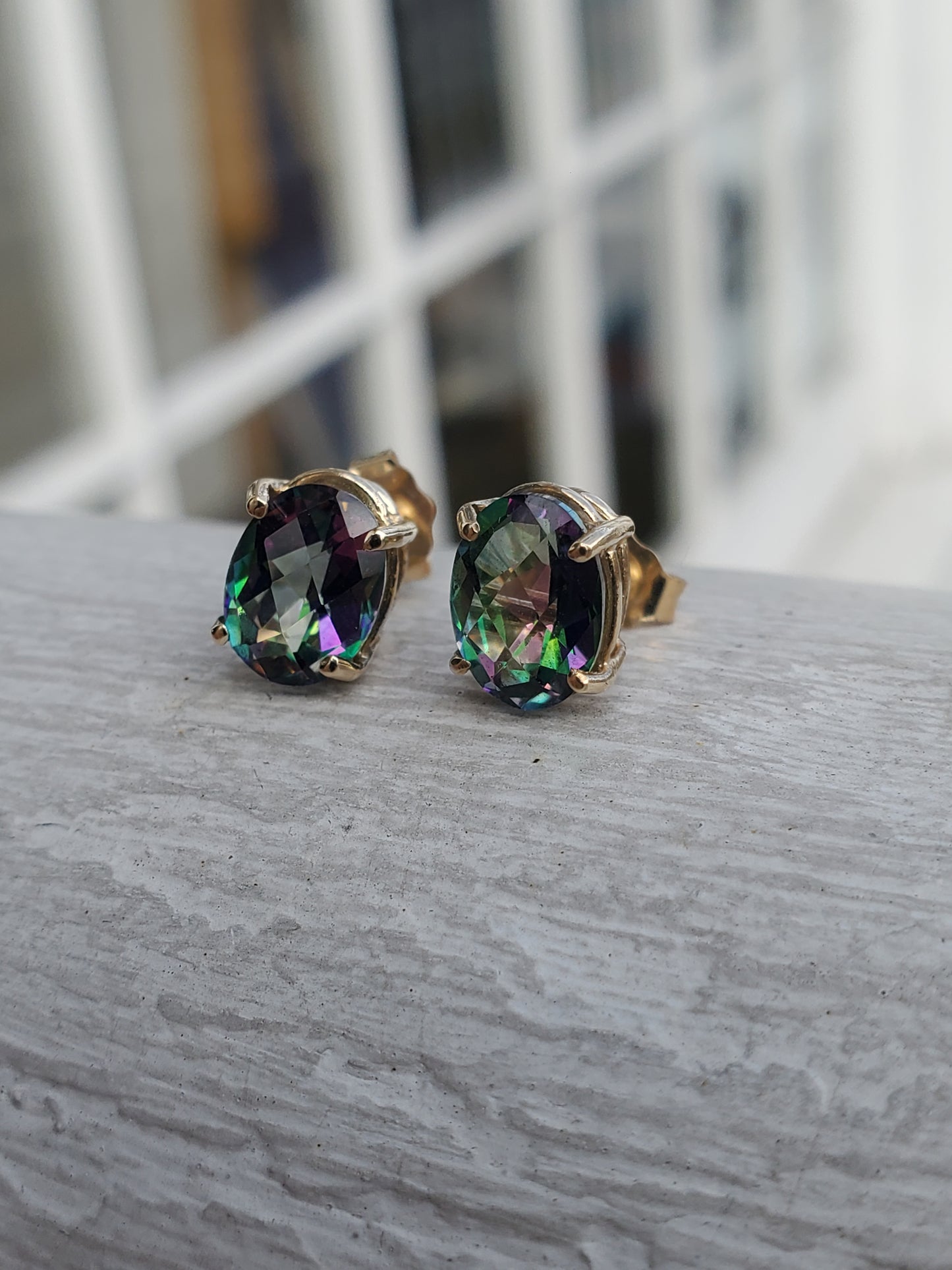 14k Solid Gold 2 tcw Oval Mystic Topaz 4-Prong Stud Post Earrings