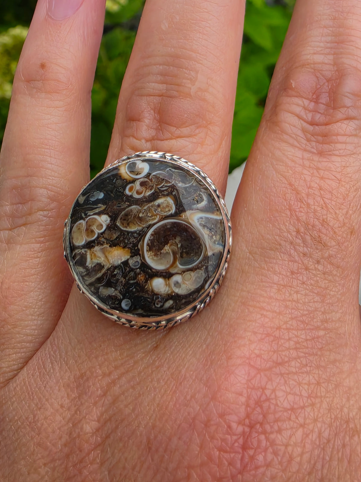 925 Sterling Silver Large Round Brown Picture Jasper Ring