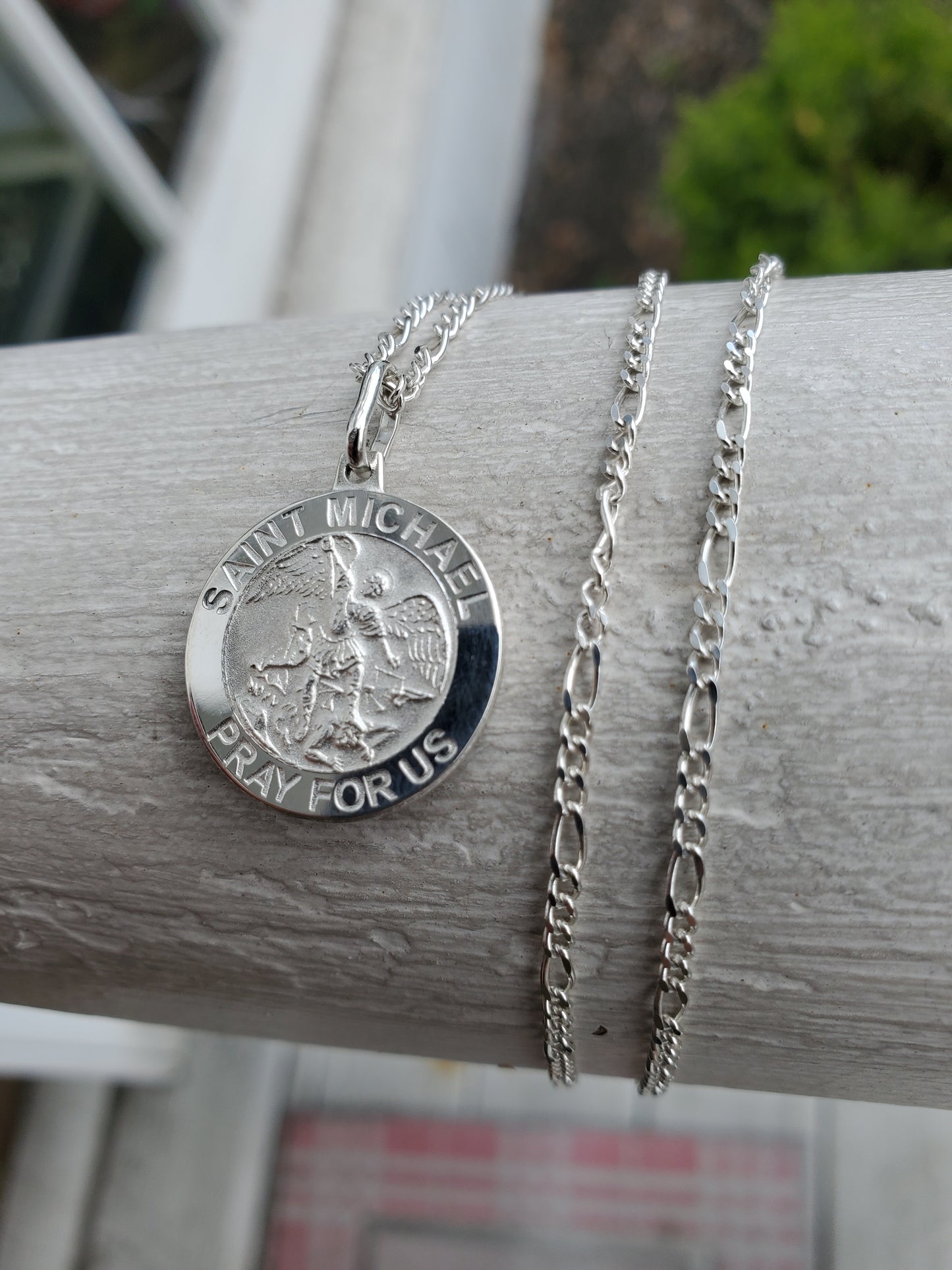 925 Sterling Silver Saint Michael Miraculous Metal Charm w/ 22" Figaro Link Chain