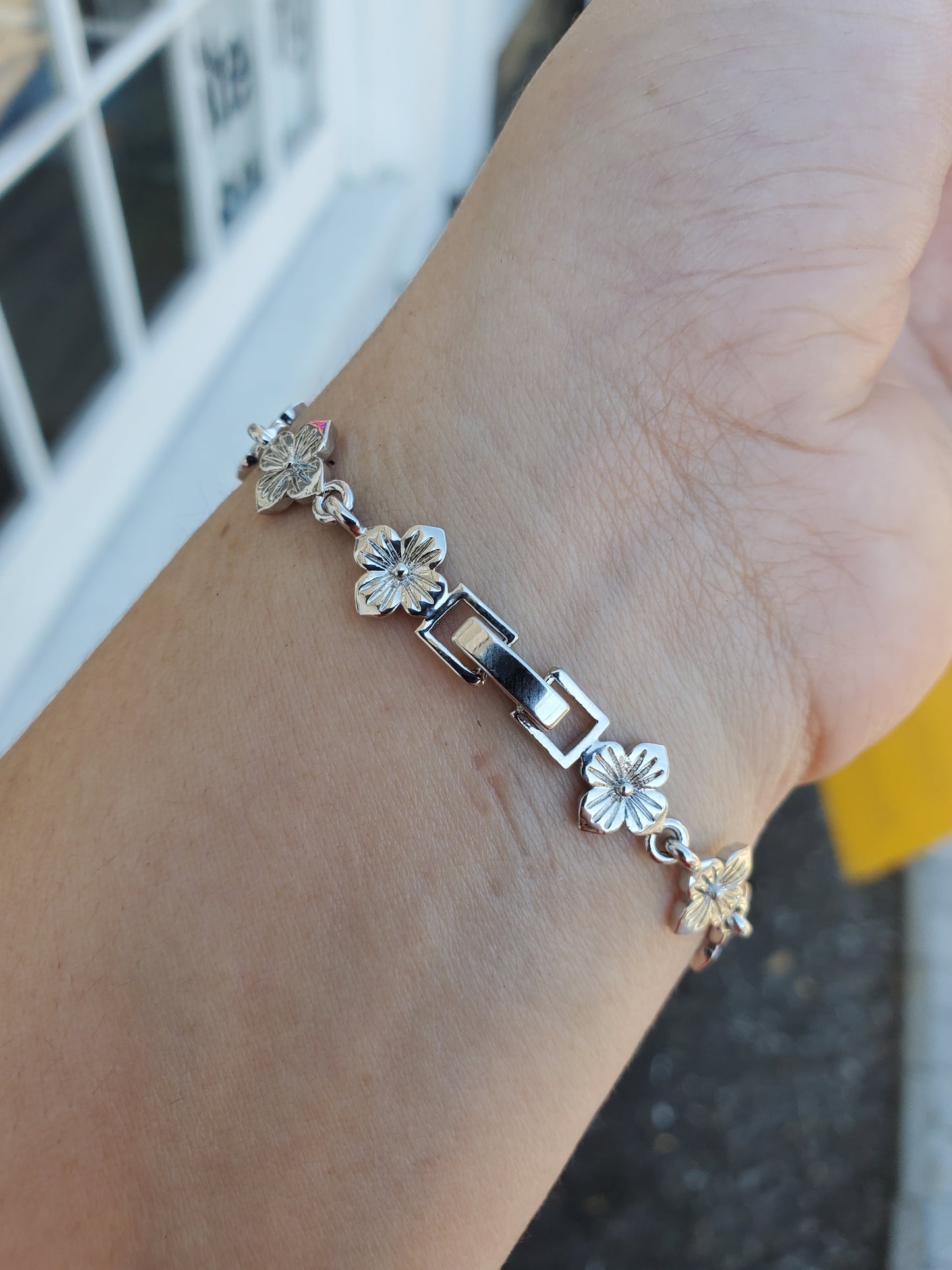 Stainless Steel Floral Blossom CZ Quatrefoil Bracelet