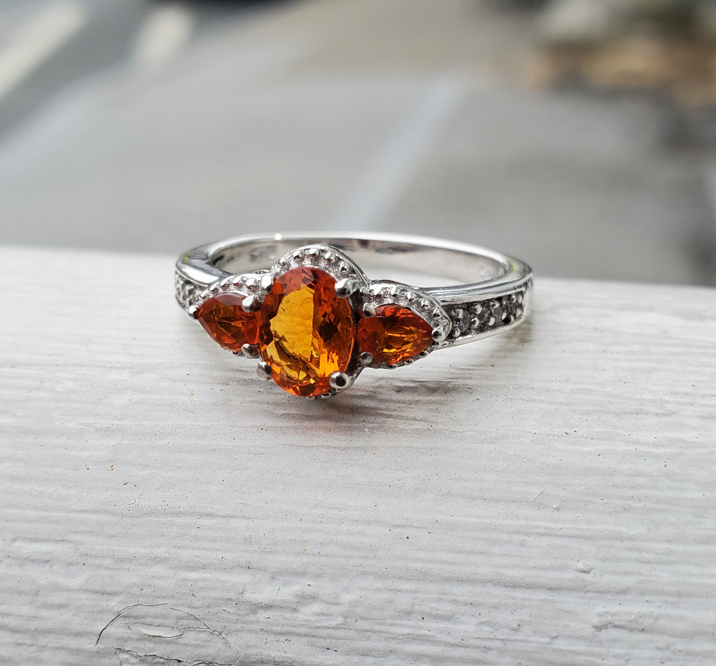 925 Sterling Silver Tangerine Orange & Clear Zirconia Past Present Future Ring