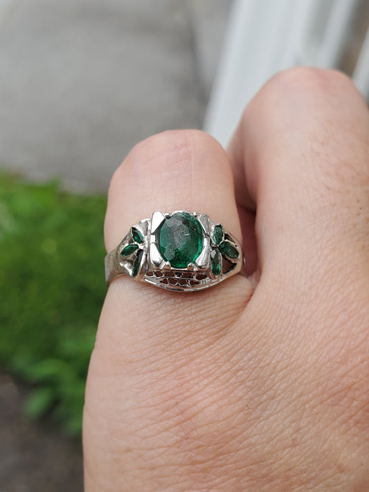 14k White Gold Antique Natural Oval & Marquise Emerald Ring