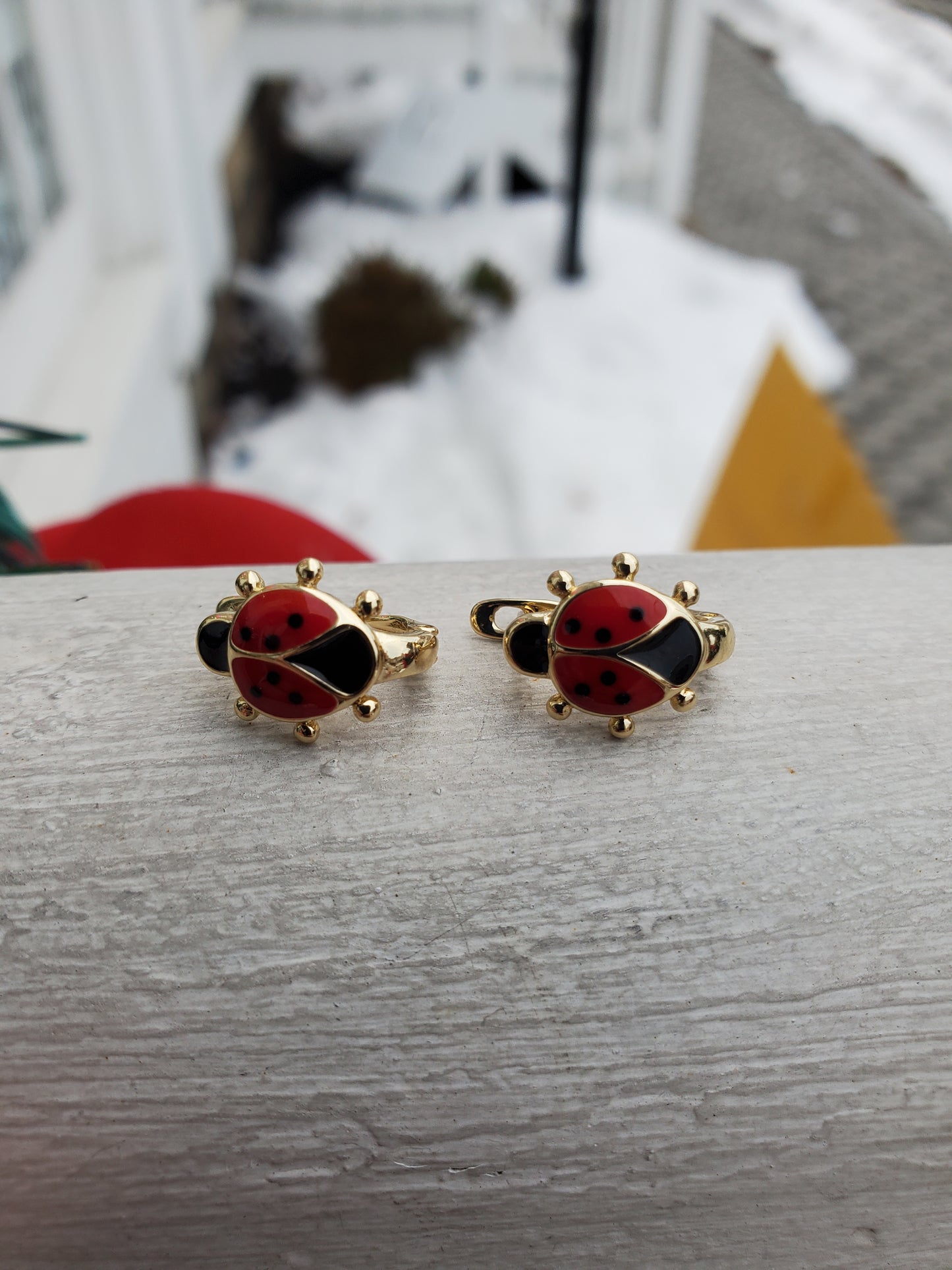 Stainless Steel Gold Plated Red Enamel Lucky Ladybug Earrings