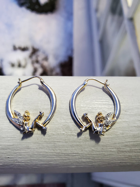 925 Sterling Silver Designer BGE Bradford Exchange Disney Tinkerbell Two-Tone Hoop Earrings