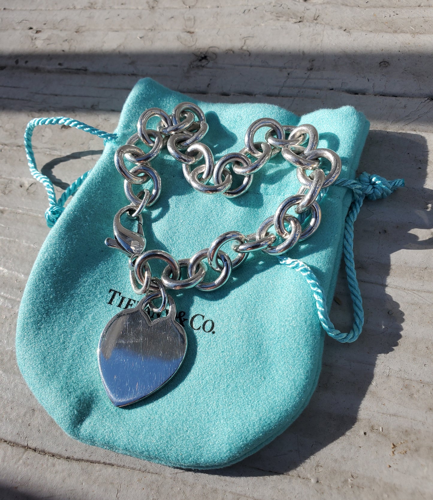 925 Sterling Silver Tiffany & Co. dangle heart tag chain link bracelet