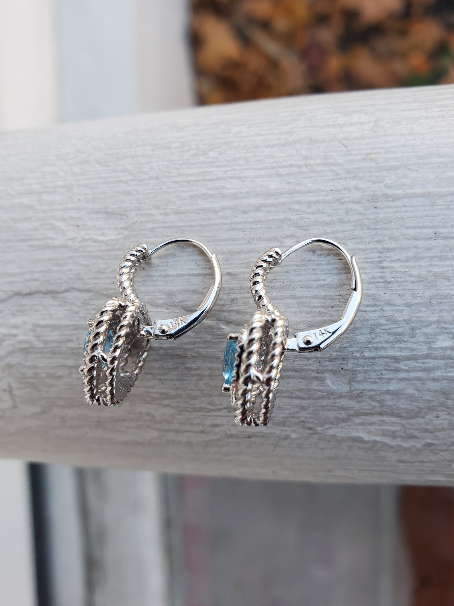 14k White Gold Blue Topaz & Diamond Twisted Cable Leaverback Heart 💙 Earrings