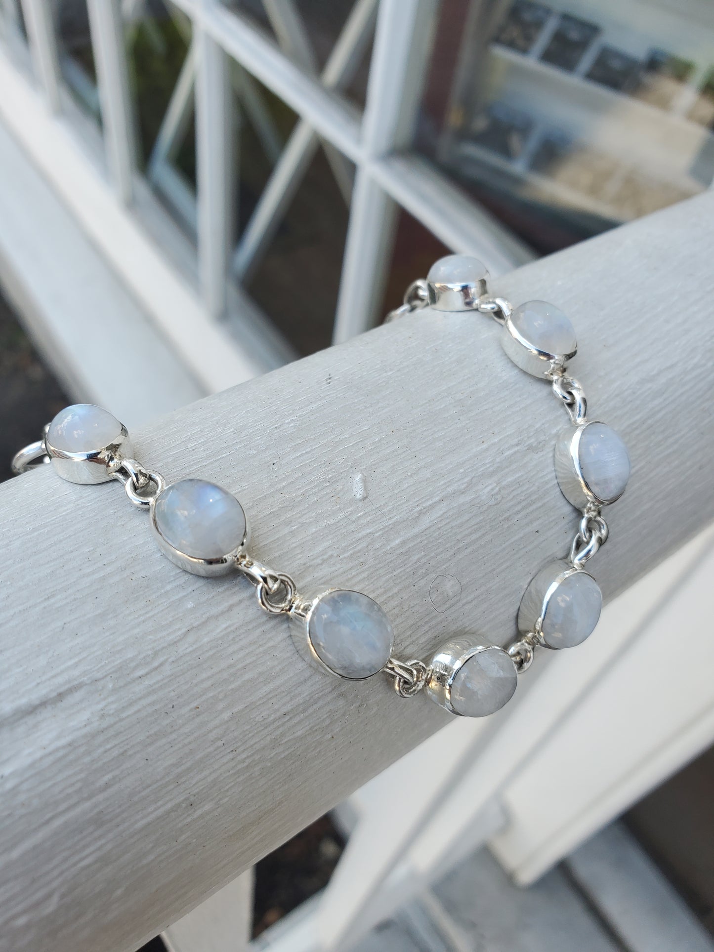 925 Sterling Silver Ladies Bezel Set Moonstone Toggle Bracelet Adj 7"-8"