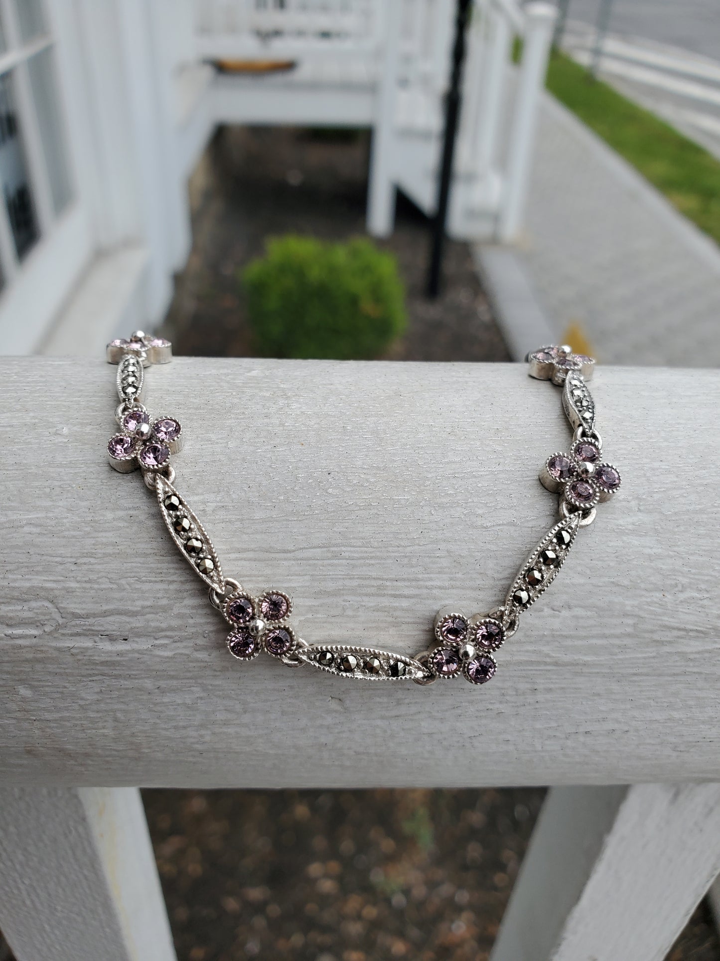 925 Sterling Silver Pink Zirconia & Marcasite Flower Bracelet 7.5”