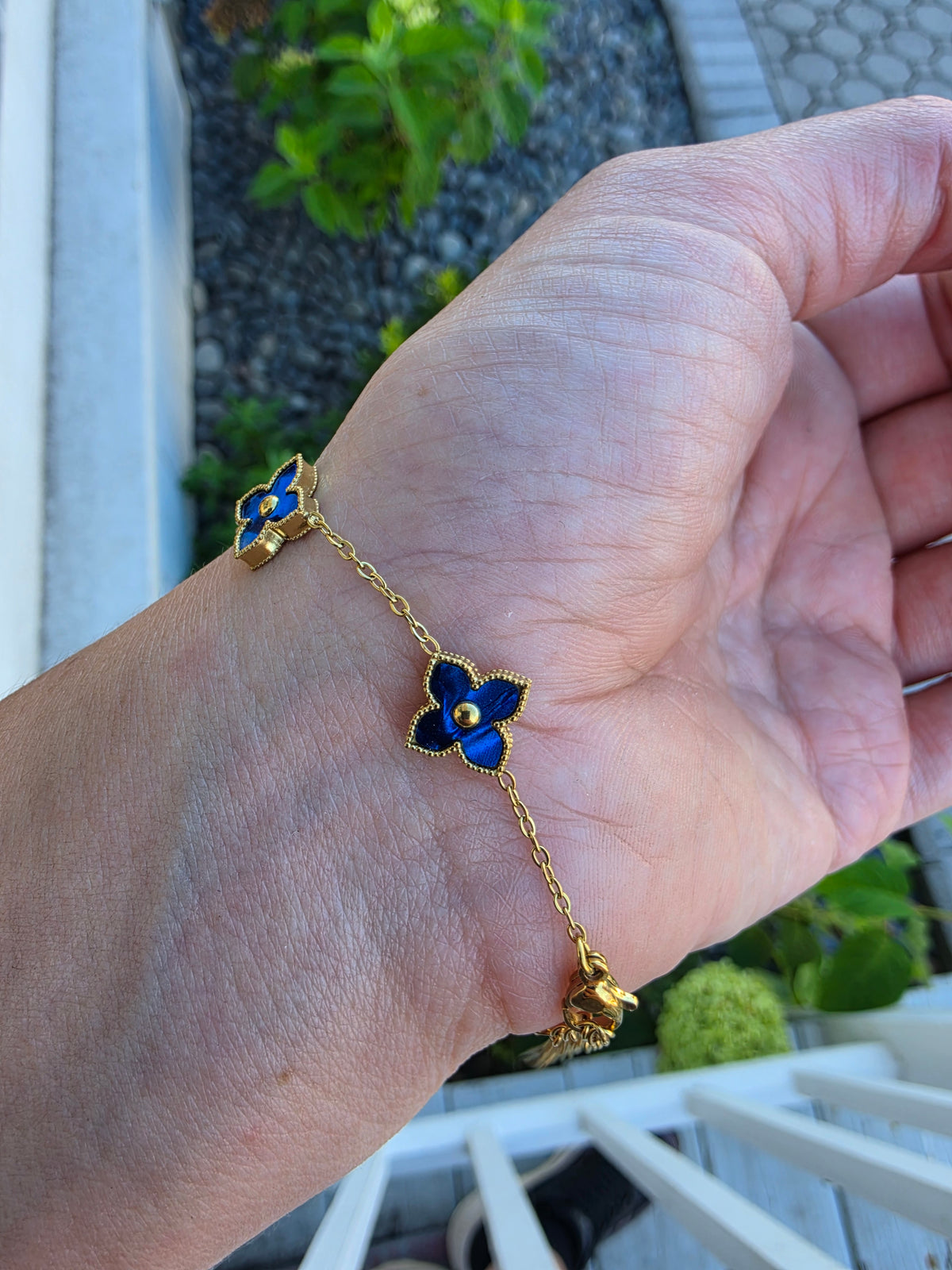 Stainless Steel Gold Vermeil Blue Clover Station Van Cleef Style Bracelet Adjustable 7"-9"