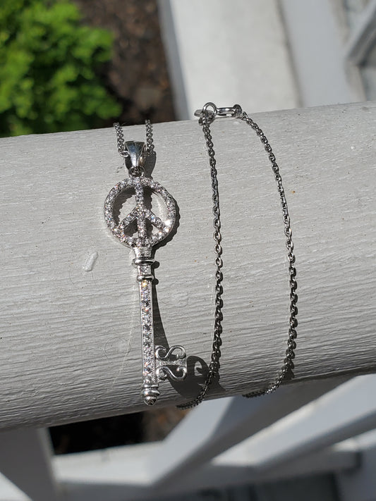925 Sterling Silver Peace Sign Skeleton Key CZ Zirconia Pendant Necklace